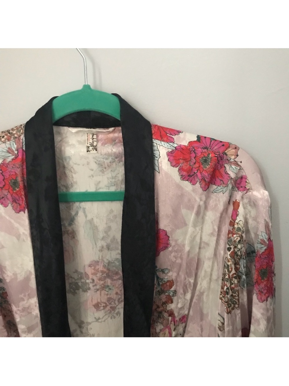 Free People Pink Floral Satin Kimono Jacket with Black Collar